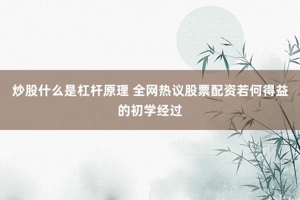 炒股什么是杠杆原理 全网热议股票配资若何得益的初学经过